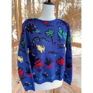 Vintage Ivy Funky Retro Blue Knit Primary Colors Western Cowboy Sweater S